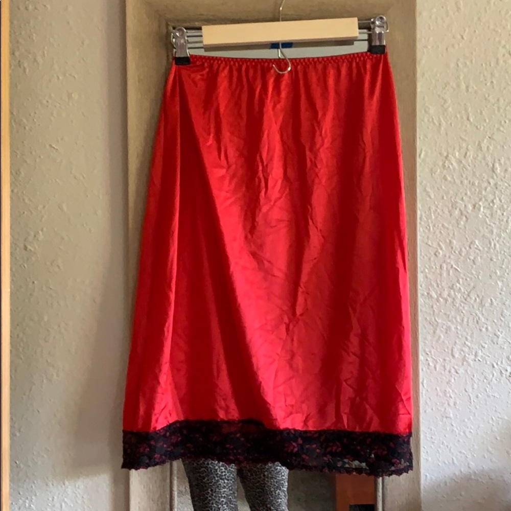 Sexy red slip, black lace trim